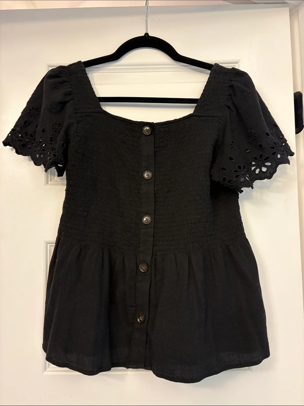 Madewell Black Square-Neck Eyelet Puff Sleeve Top